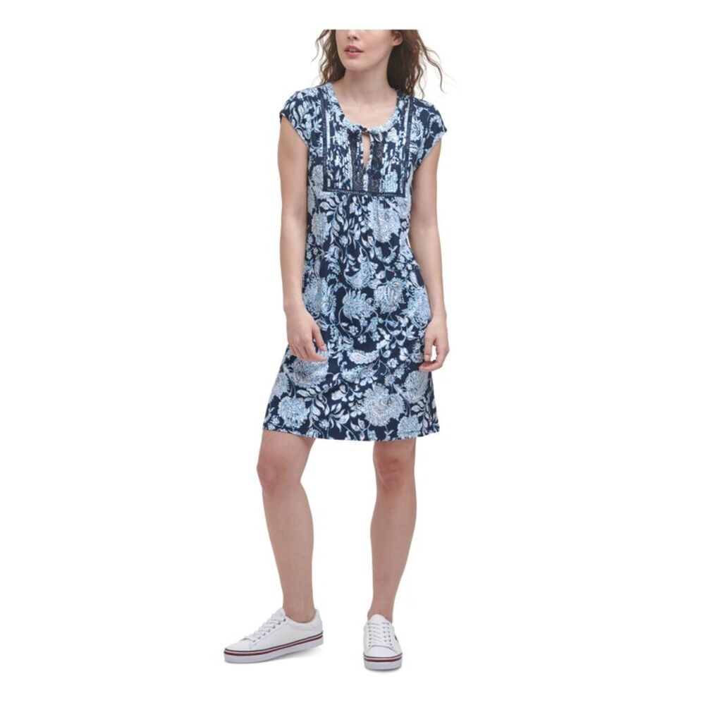 TOMMY HILFIGER Womens Navy Tie Pintucked Ladder Trim Cap Sleeve Dress XS